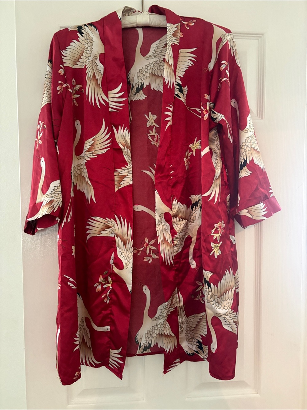 Women's Red Crane-Print Kimono Blouse